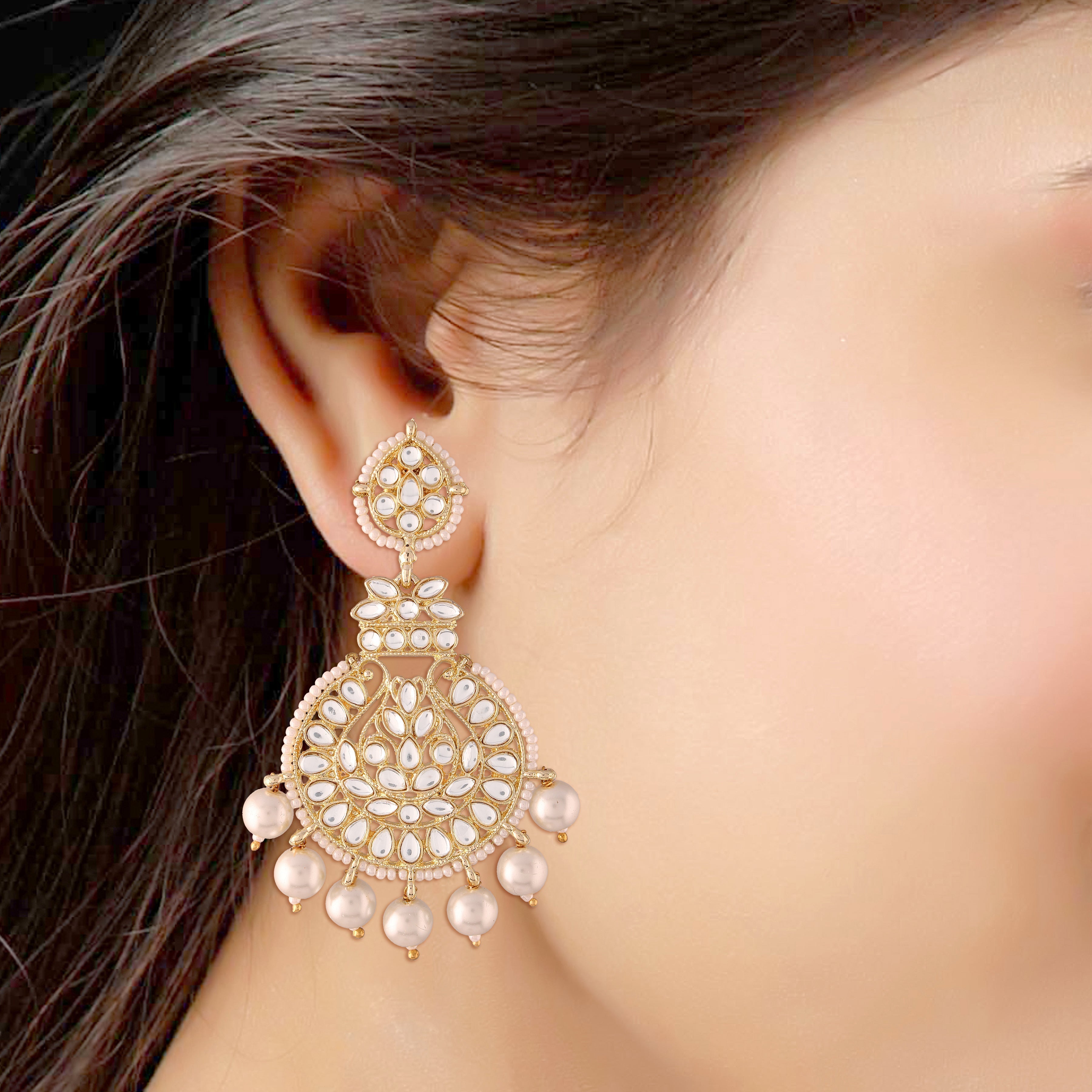 Gold-Polished Traditional Beaded Chandbali Earrings Glided with Kundans and Pearls For Women/Girls - Wahe Jewels - Swadesiicart