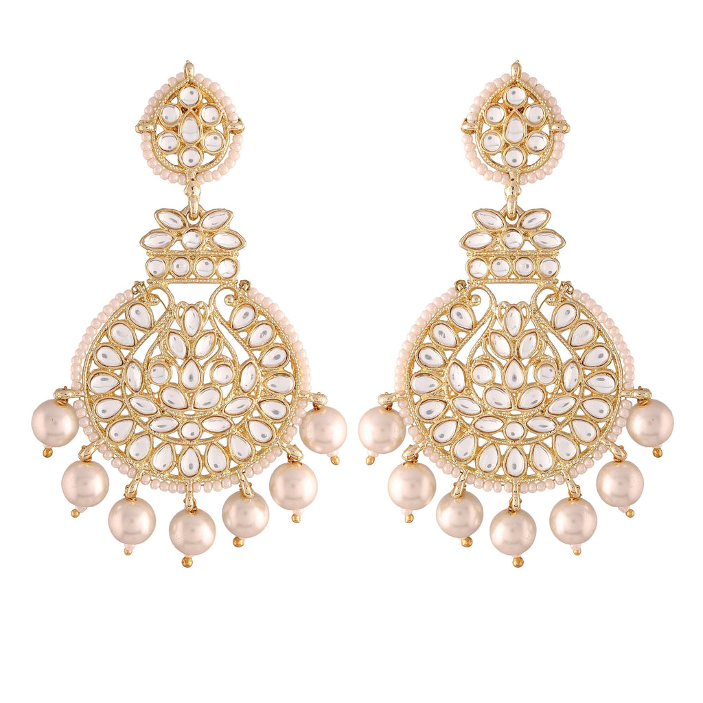 Gold-Polished Traditional Beaded Chandbali Earrings Glided with Kundans and Pearls For Women/Girls - Wahe Jewels - Swadesiicart