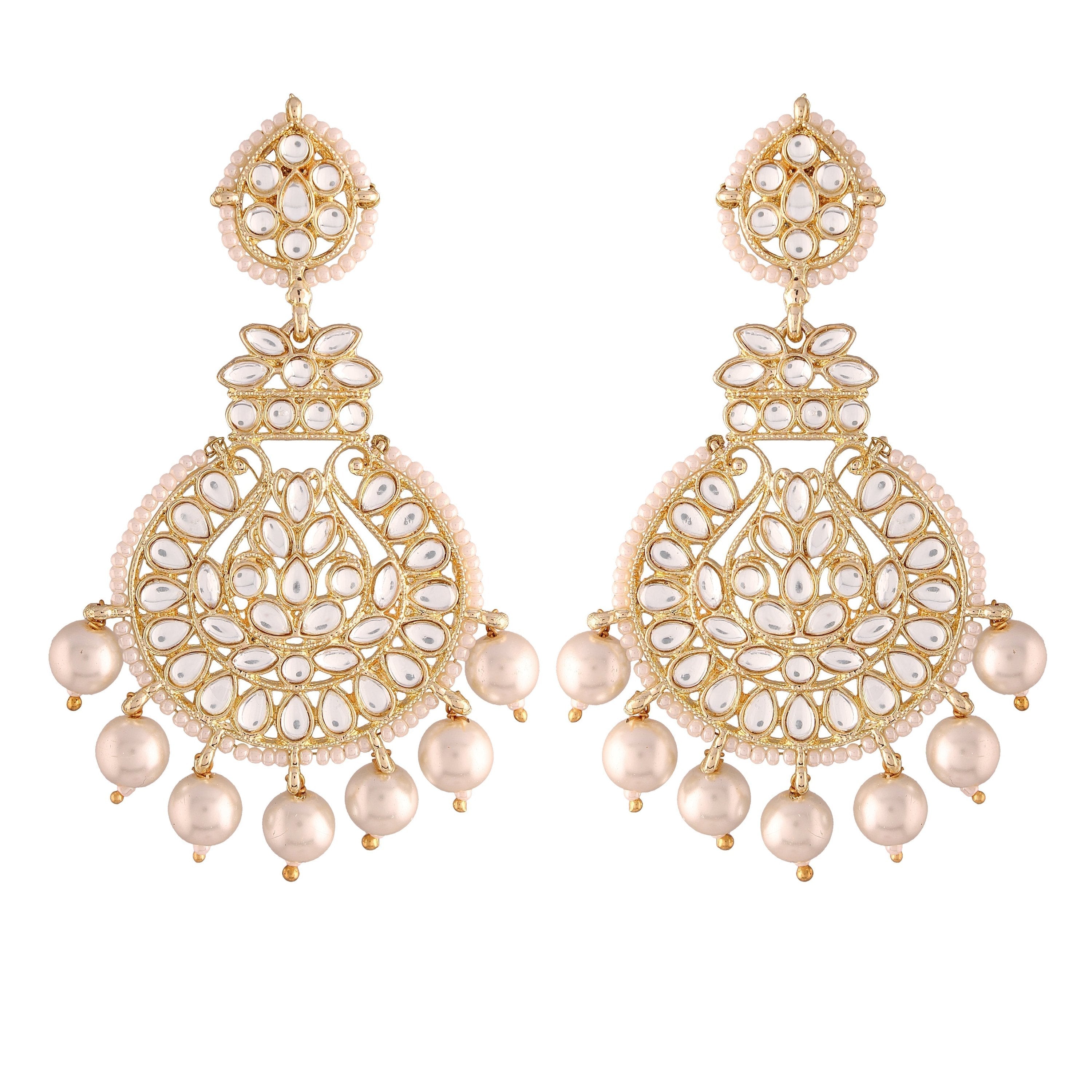 Gold-Polished Traditional Beaded Chandbali Earrings Glided with Kundans and Pearls For Women/Girls - Wahe Jewels - Swadesiicart