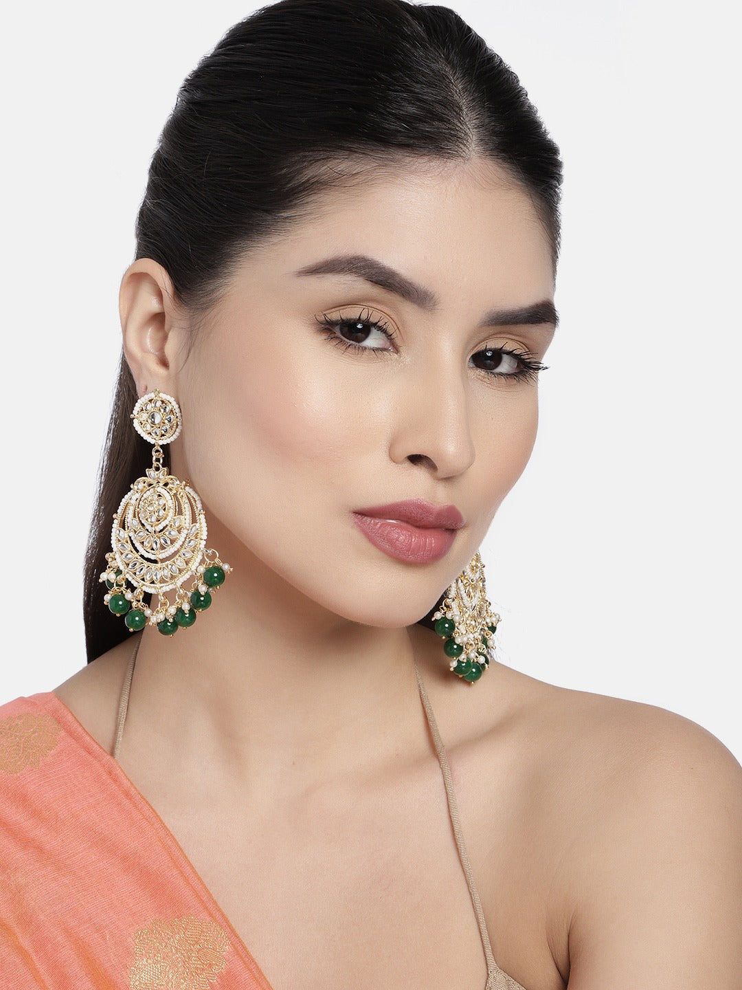 Gold-Polished Traditional Beaded Chandbali Earrings Glided With Kundans & Pearls For Women/Girls - Wahe Jewels - Swadesiicart