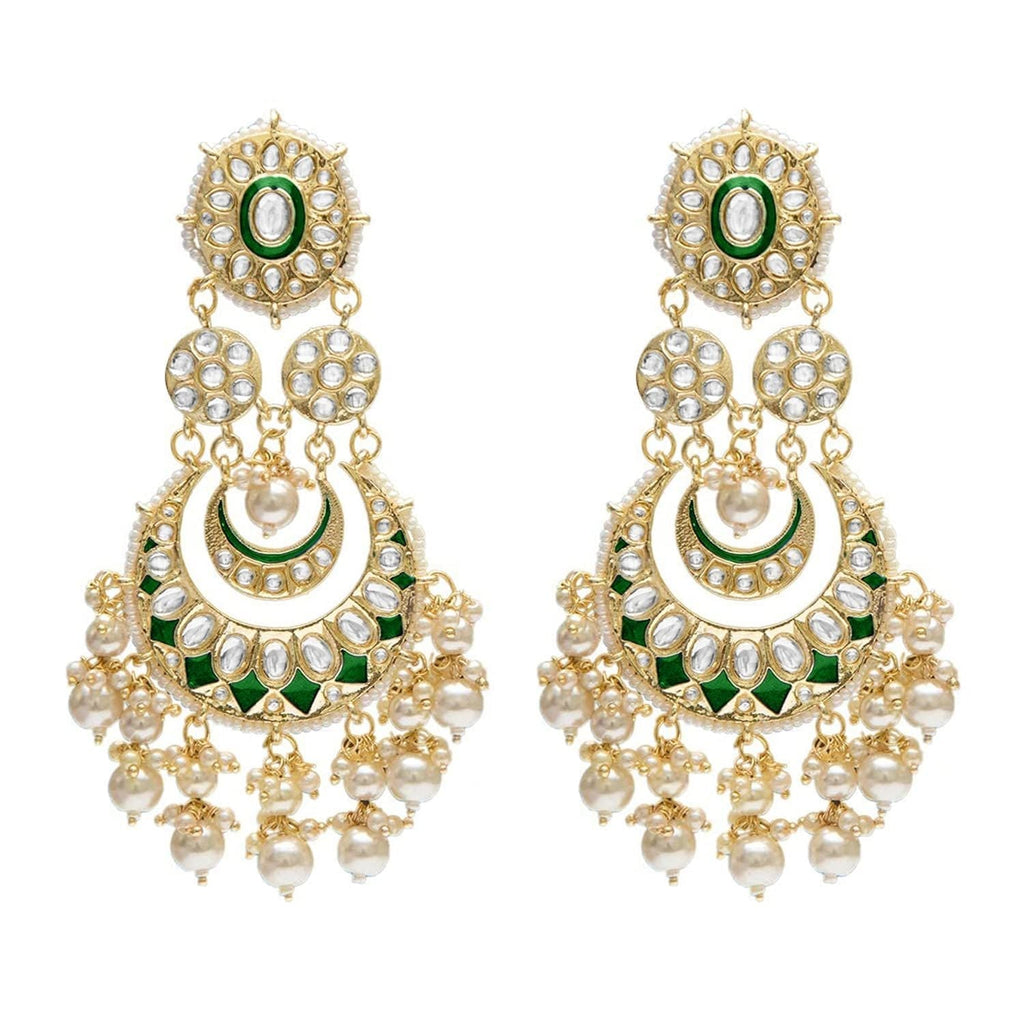 Women Gold-Polished Intricately Designed Traditional Green Meenakari Earrings Glided With Kundans & Pearls - Wahe Jewels - Swadesiicart