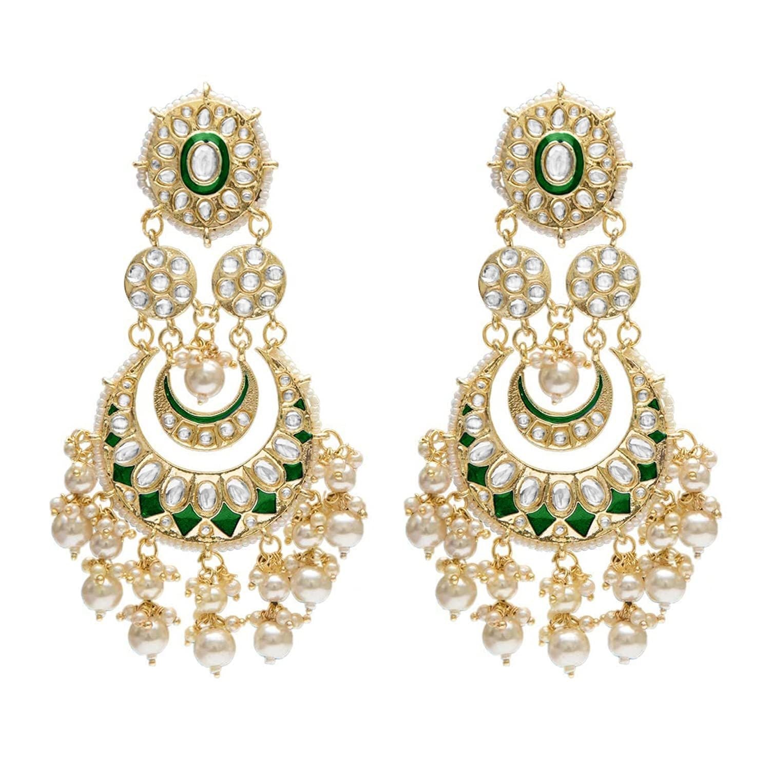 Women Gold-Polished Intricately Designed Traditional Green Meenakari Earrings Glided With Kundans & Pearls - Wahe Jewels - Swadesiicart