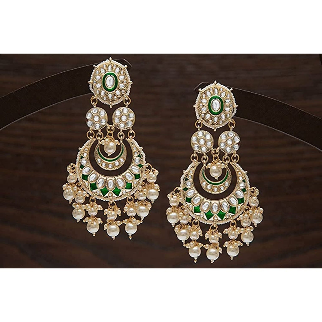 Women Gold-Polished Intricately Designed Traditional Green Meenakari Earrings Glided With Kundans & Pearls - Wahe Jewels - Swadesiicart