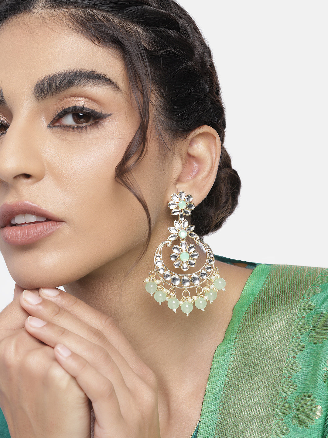 Gold-Polished Traditional Handcrafted Kundan Earrings Adorned with Pearls for Women - Wahe Jewels - Swadesiicart