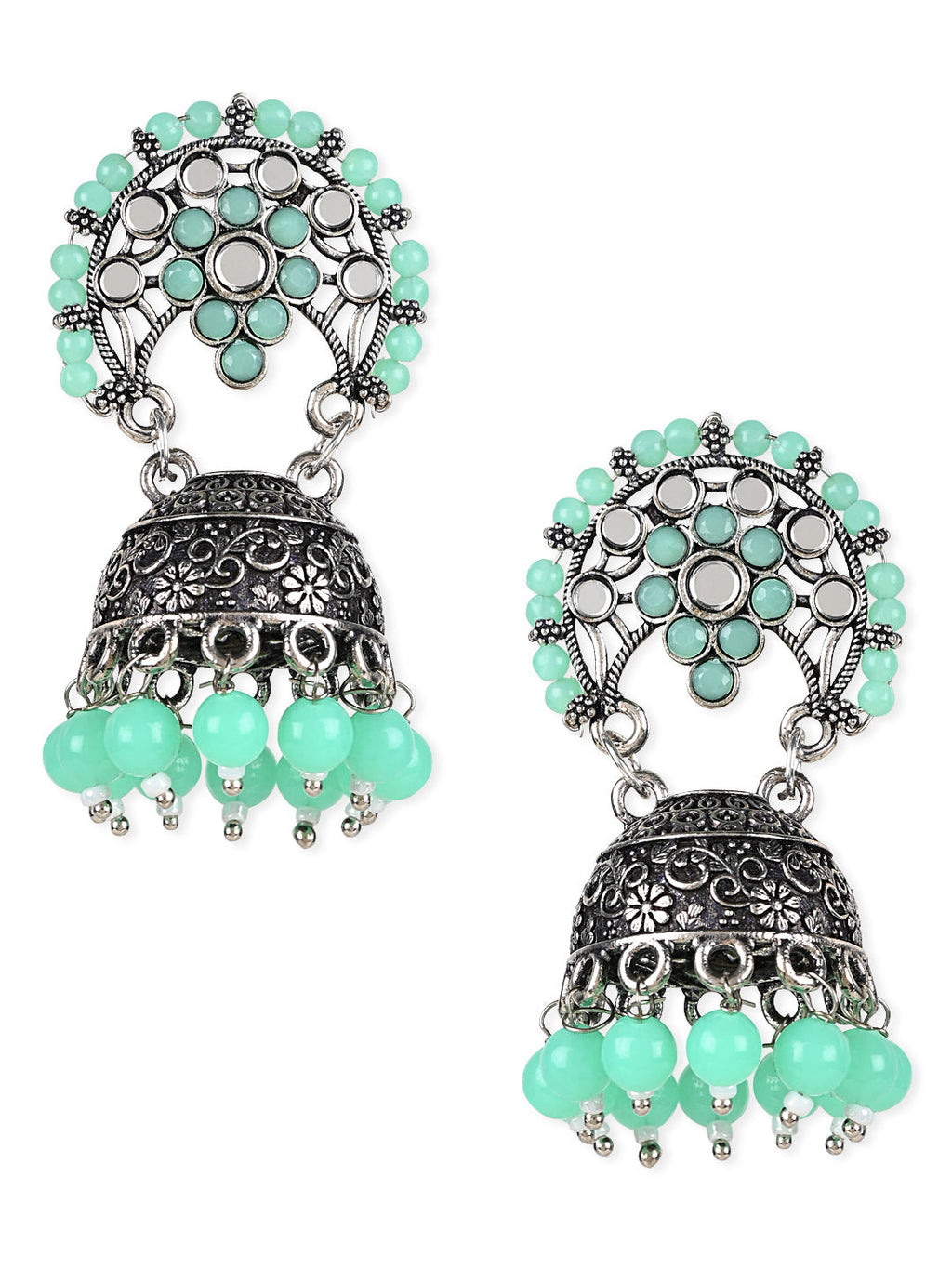 Ethnic Silver Oxidised Traditional Mint Kundan & Stone Jhumka Earrings For Women - Wahe Jewels - Swadesiicart