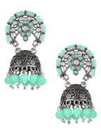 Ethnic Silver Oxidised Traditional Mint Kundan & Stone Jhumka Earrings For Women - Wahe Jewels - Swadesiicart