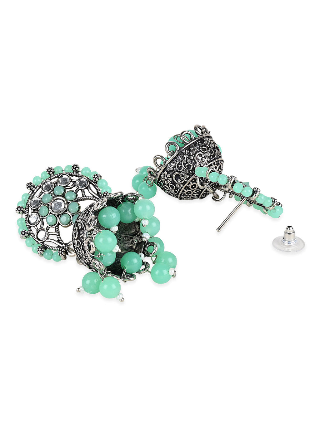 Ethnic Silver Oxidised Traditional Mint Kundan & Stone Jhumka Earrings For Women - Wahe Jewels - Swadesiicart