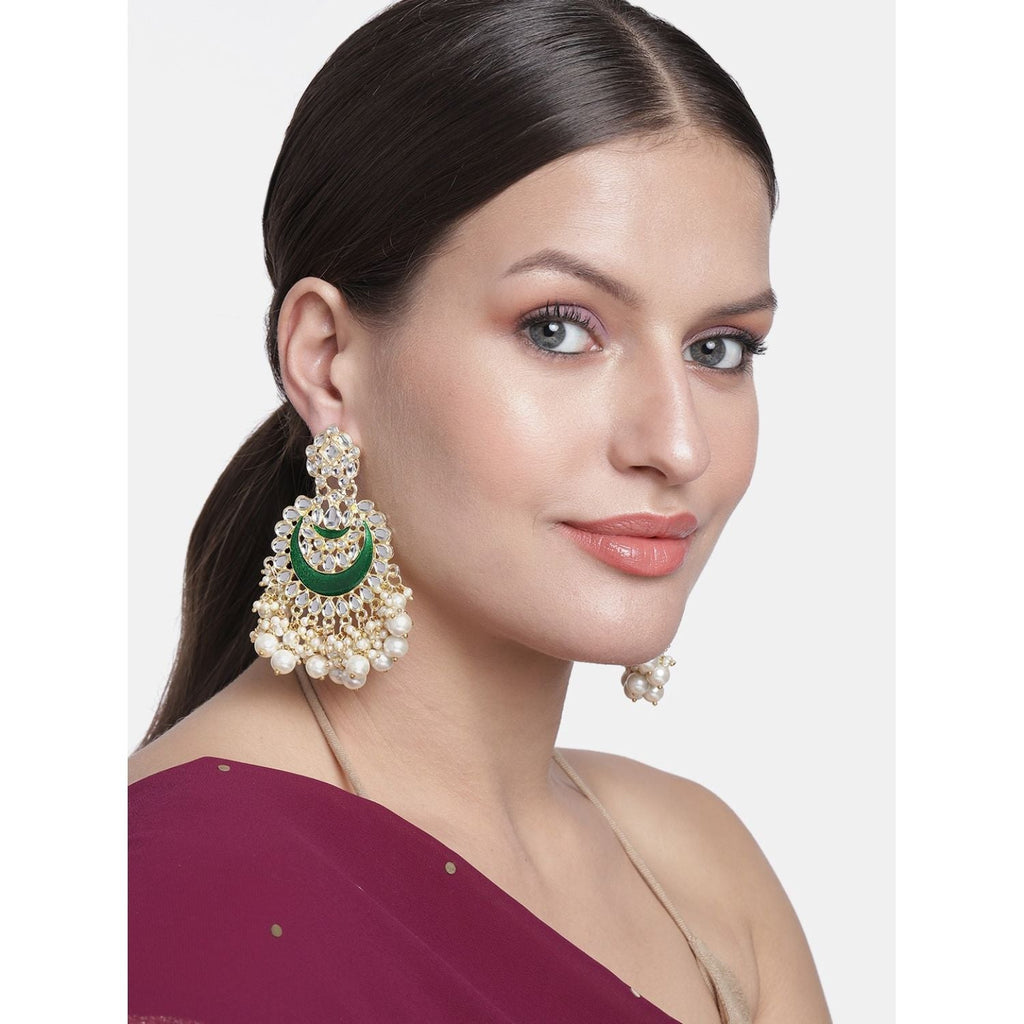 Womens Gold-Polished Intricately Designed Traditional Meenakari Chandbali Earrings Glided With Kundans & Pearls - Wahe Jewels - Swadesiicart