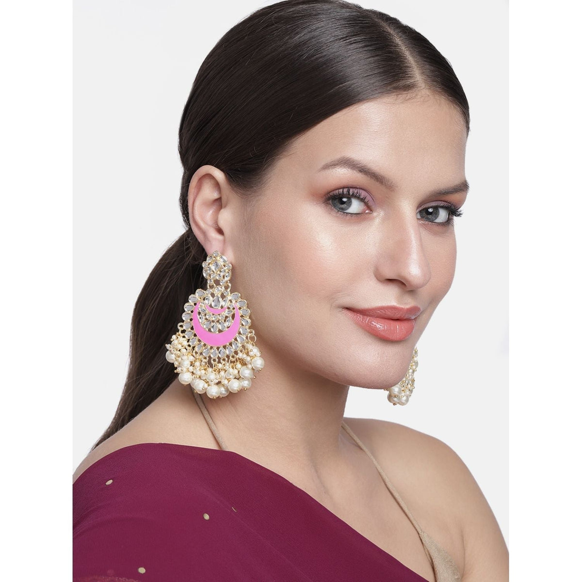 Women Gold-Polished Intricately Designed Traditional Meenakari Chandbali Earrings Glided With Kundans & Pearls - Wahe Jewels - Swadesiicart