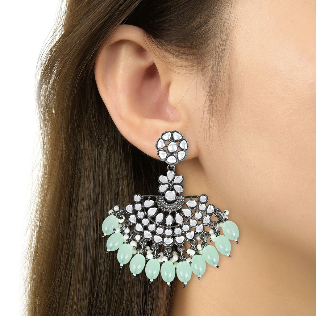 Ethnic Stylish Silver Oxidised Kundan Pearl Chandbali Earrings For Women And Girls - Wahe Jewels - Swadesiicart