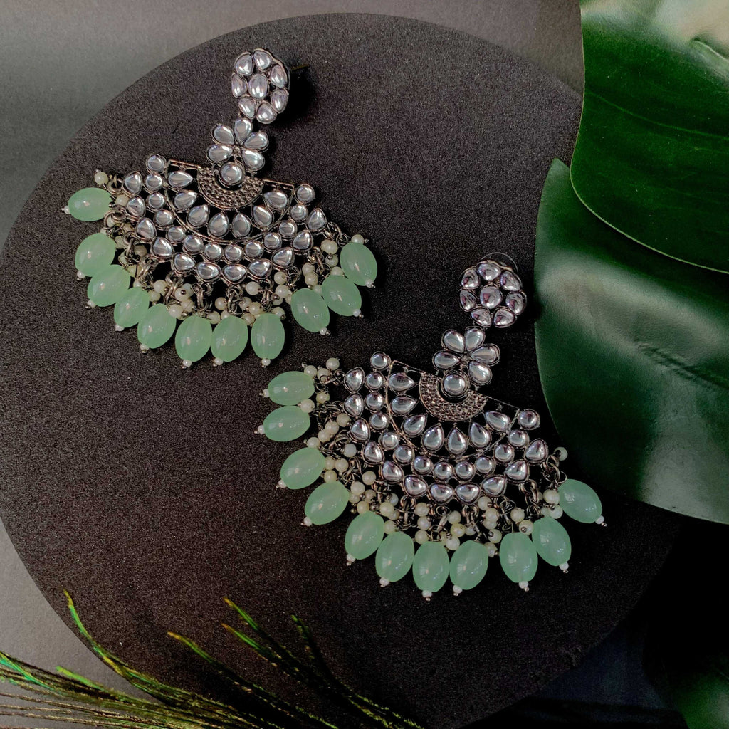 Ethnic Stylish Silver Oxidised Kundan Pearl Chandbali Earrings For Women And Girls - Wahe Jewels - Swadesiicart