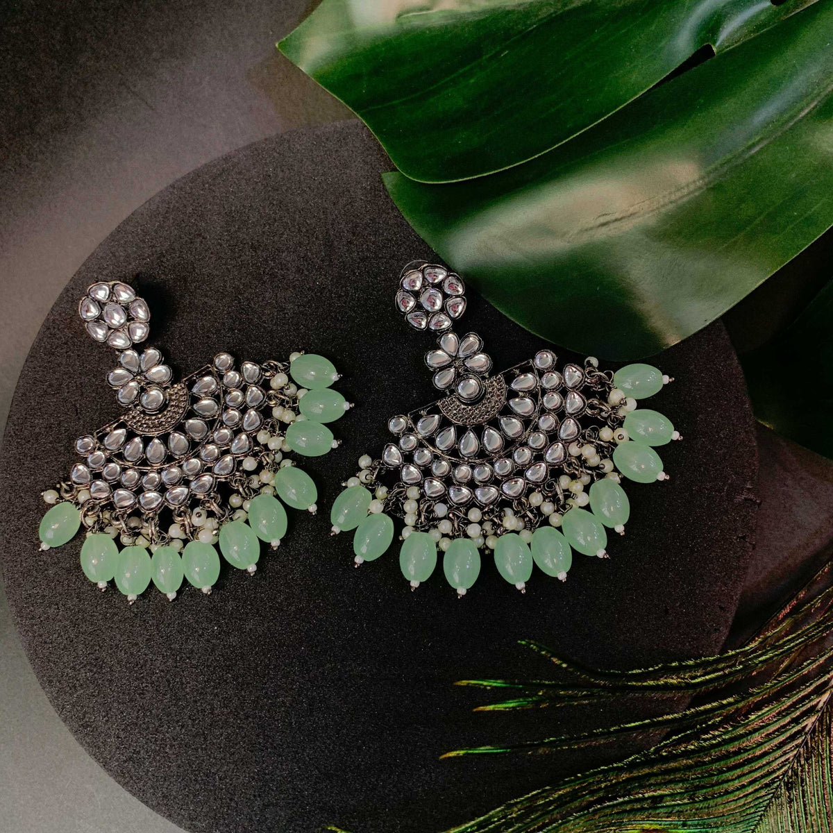 Ethnic Stylish Silver Oxidised Kundan Pearl Chandbali Earrings For Women And Girls - Wahe Jewels - Swadesiicart