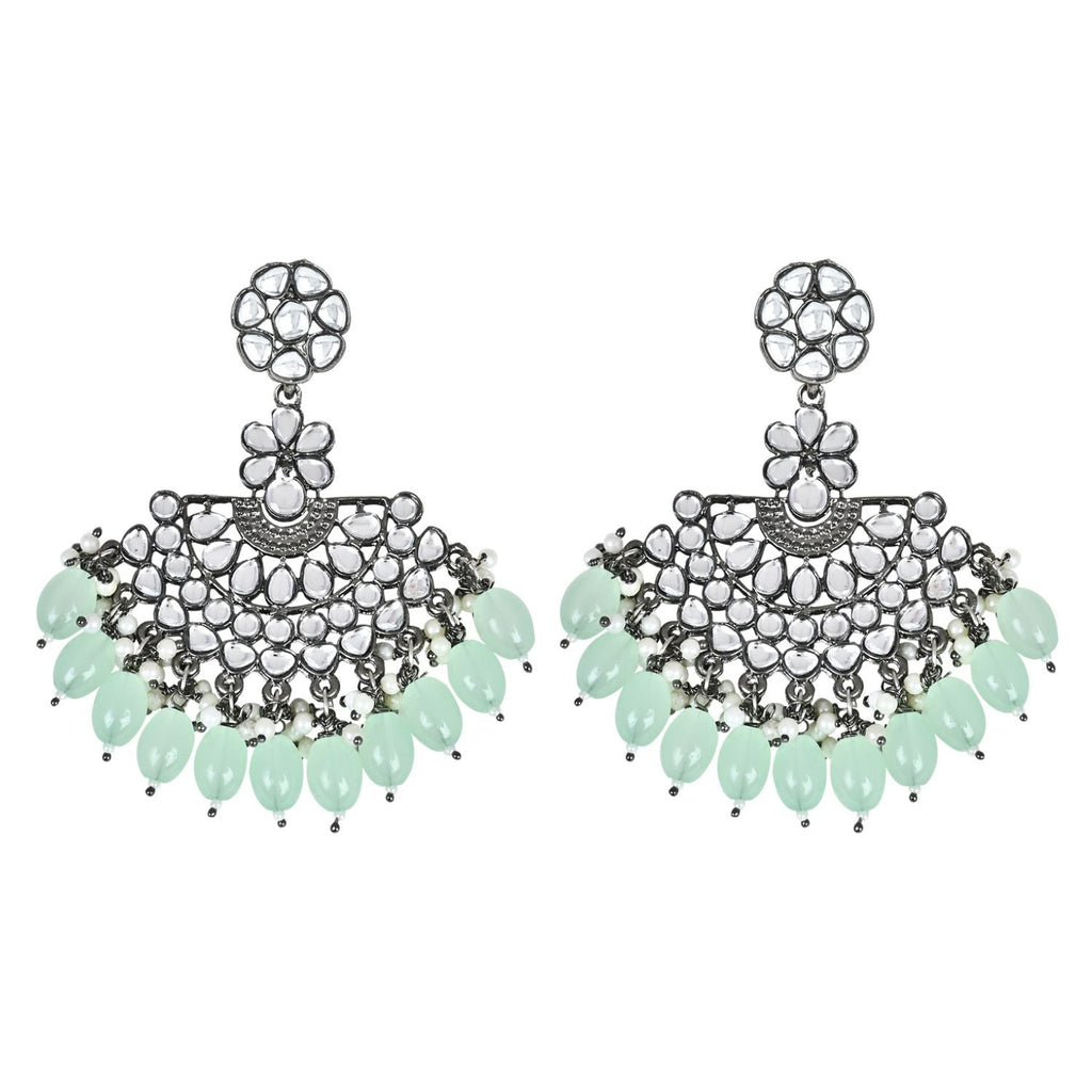 Ethnic Stylish Silver Oxidised Kundan Pearl Chandbali Earrings For Women And Girls - Wahe Jewels - Swadesiicart