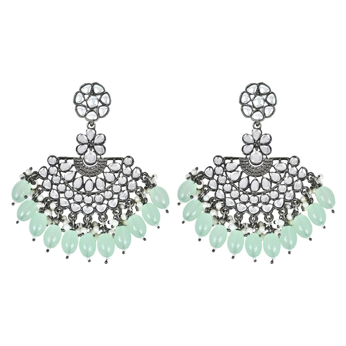 Ethnic Stylish Silver Oxidised Kundan Pearl Chandbali Earrings For Women And Girls - Wahe Jewels - Swadesiicart