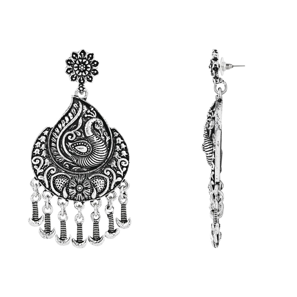 Navratri Ethnic Silver Oxidised Afghani Floral & Peacock Design Drop Earrings For Women & Girls - Wahe Jewels - Swadesiicart