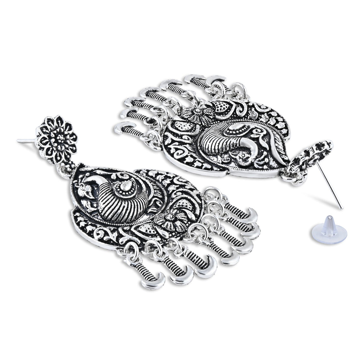 Navratri Ethnic Silver Oxidised Afghani Floral & Peacock Design Drop Earrings For Women & Girls - Wahe Jewels - Swadesiicart