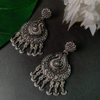 Navratri Ethnic Silver Oxidised Afghani Floral & Peacock Design Drop Earrings For Women & Girls - Wahe Jewels - Swadesiicart