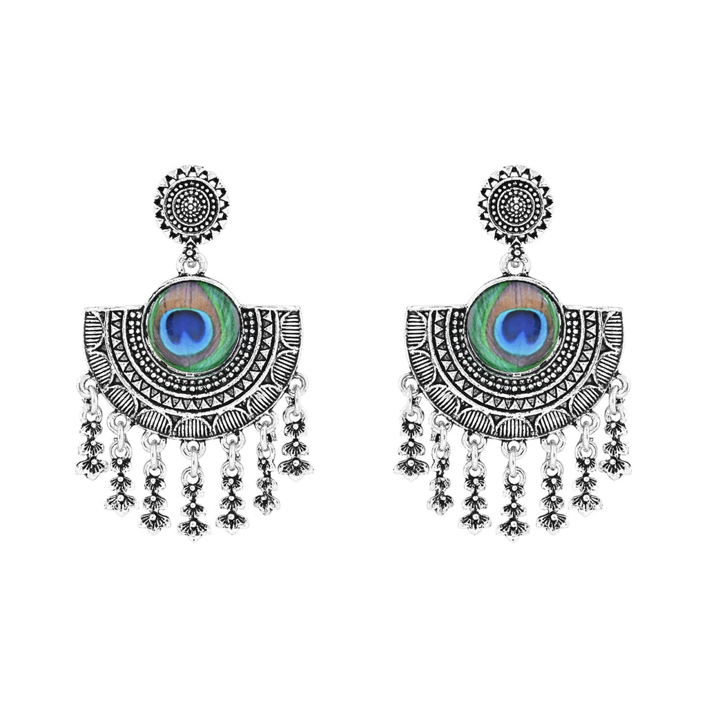 Navratri Ethnic Silver Oxidised Afghani Style Peacock Fether Earrings For Women & Girls - Wahe Jewels - Swadesiicart