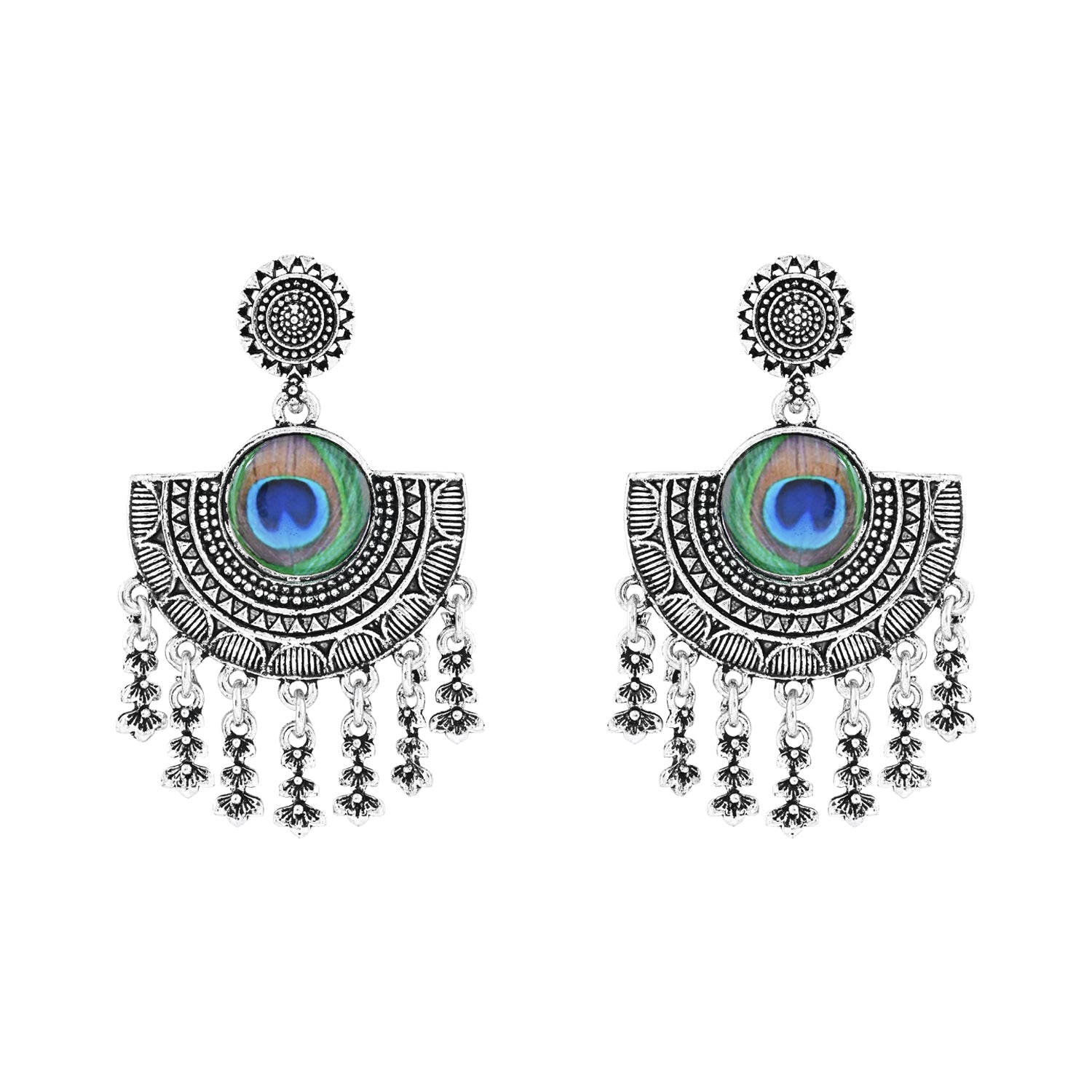 Navratri Ethnic Silver Oxidised Afghani Style Peacock Fether Earrings For Women & Girls - Wahe Jewels - Swadesiicart