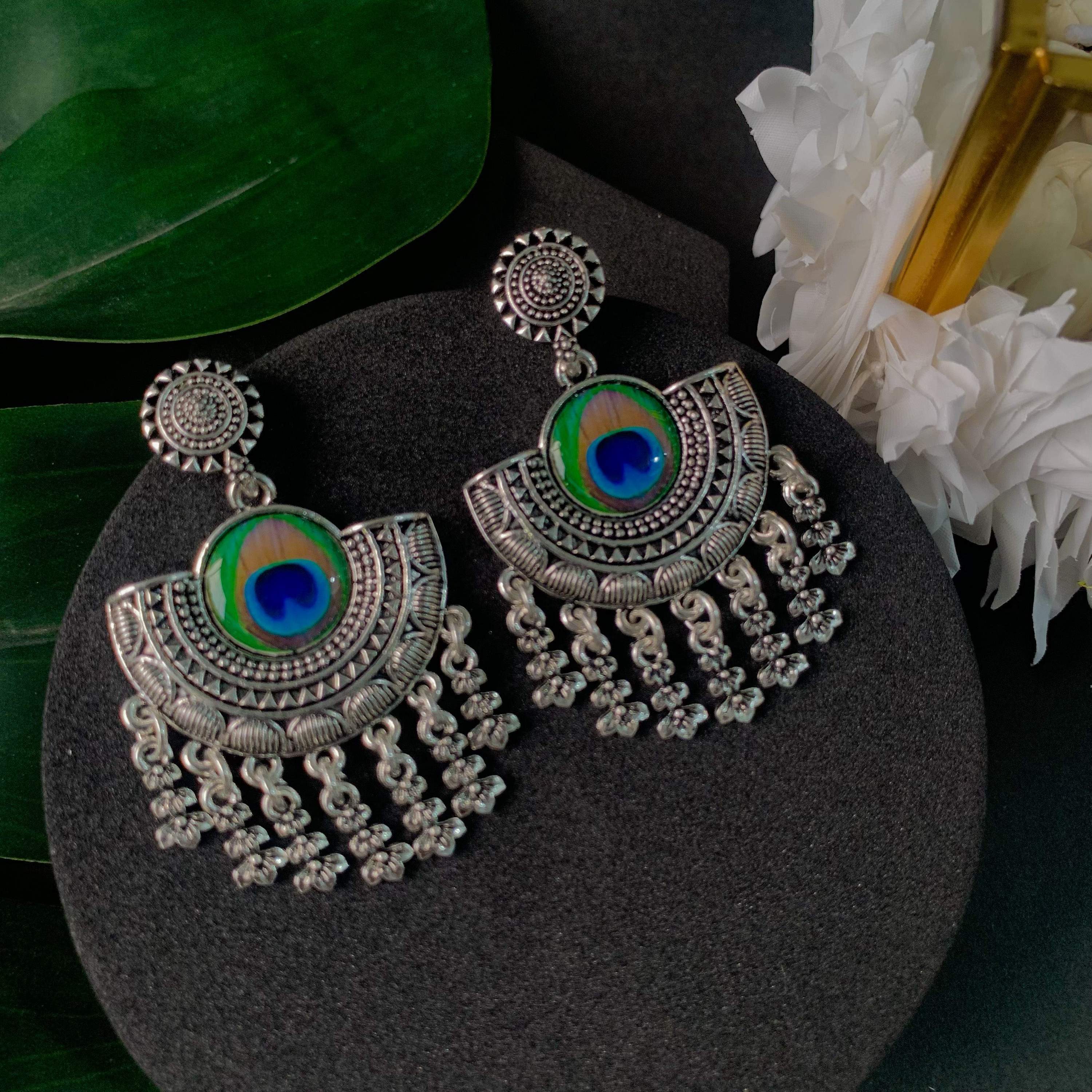 Navratri Ethnic Silver Oxidised Afghani Style Peacock Fether Earrings For Women & Girls - Wahe Jewels - Swadesiicart