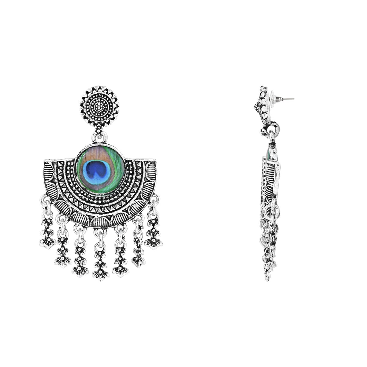 Navratri Ethnic Silver Oxidised Afghani Style Peacock Fether Earrings For Women & Girls - Wahe Jewels - Swadesiicart
