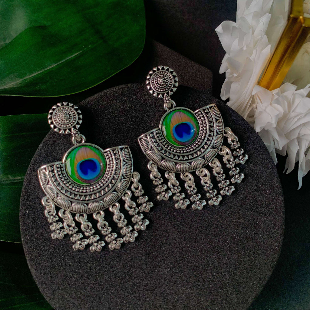 Navratri Ethnic Silver Oxidised Afghani Style Peacock Fether Earrings For Women & Girls - Wahe Jewels - Swadesiicart