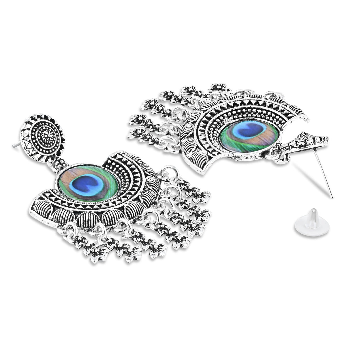 Navratri Ethnic Silver Oxidised Afghani Style Peacock Fether Earrings For Women & Girls - Wahe Jewels - Swadesiicart