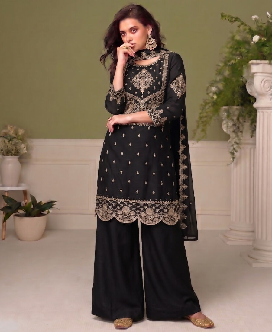 KC Black Wedding Wear Embroidered Crush Silk Salwar Suit | Grocsy