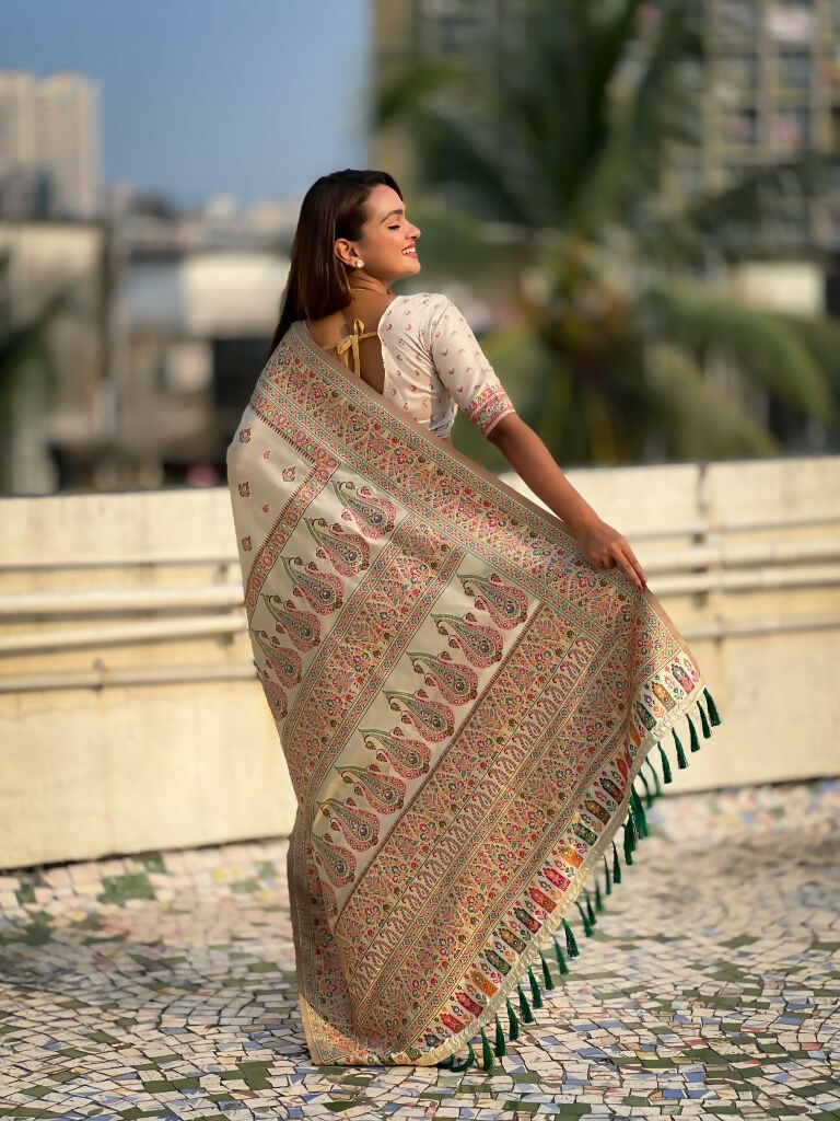 Yellow Pashmina Silk Wevon Kashmiri Meenakari Designer Saree with Unstitched Blouse - Vandini | Grocsy