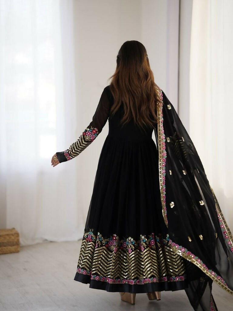 Teeya Creation Black Color Heavy Georgette Wedding Wear Embroidery Work Long Gown | Grocsy