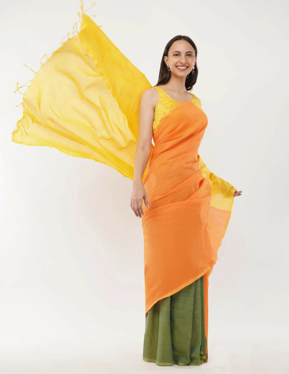 Exclusive Collection Beautiful Khadi Cotton Yellow Orange Green Handloom Saree | Grocsy