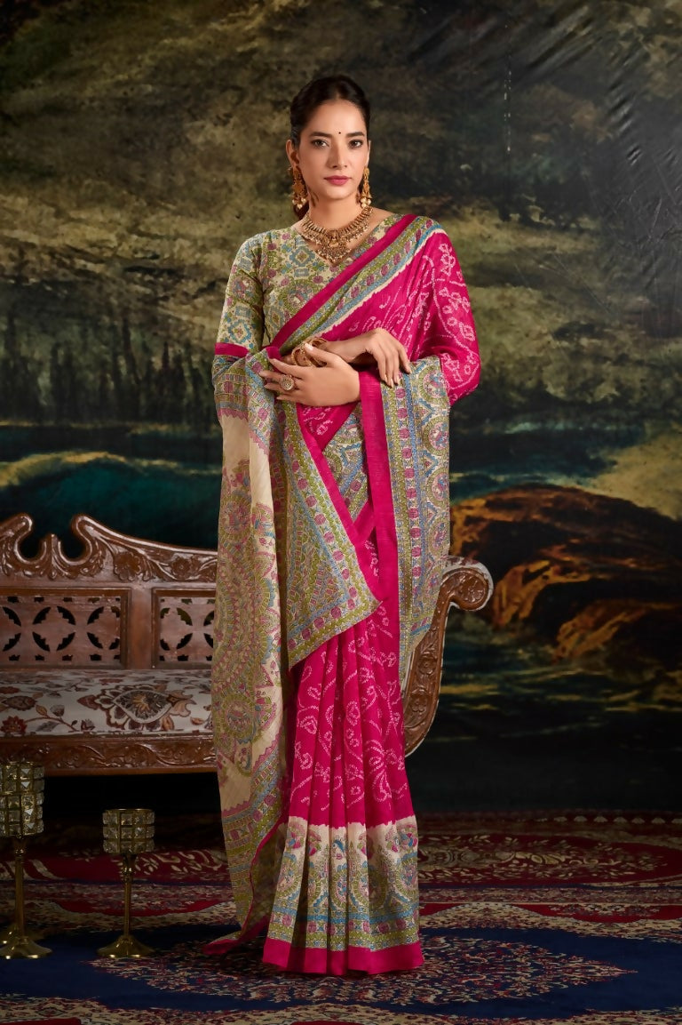 Vastranavya Pink Silk Madhubani & Bandhej Fusion Print Saree with Unstitched Blouse | Grocsy