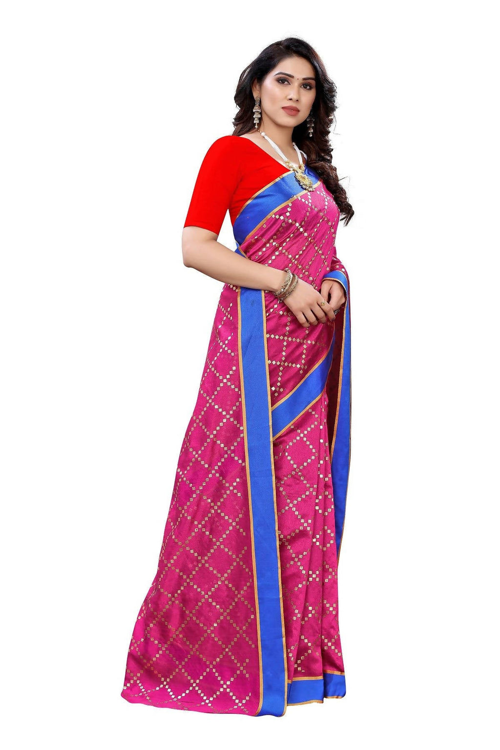 Vamika Pink Linen Foil Print Saree (YOGI PINK) | Grocsy