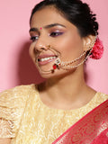 Gold-Polished White Red Kundan-Studded Pearl Beaded Nosepin - Ruby Raang | Grocsy