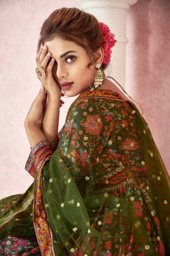 Everywhere Designer Mahendi Dola Silk Gown With Dupatta - Anbazaar | Grocsy