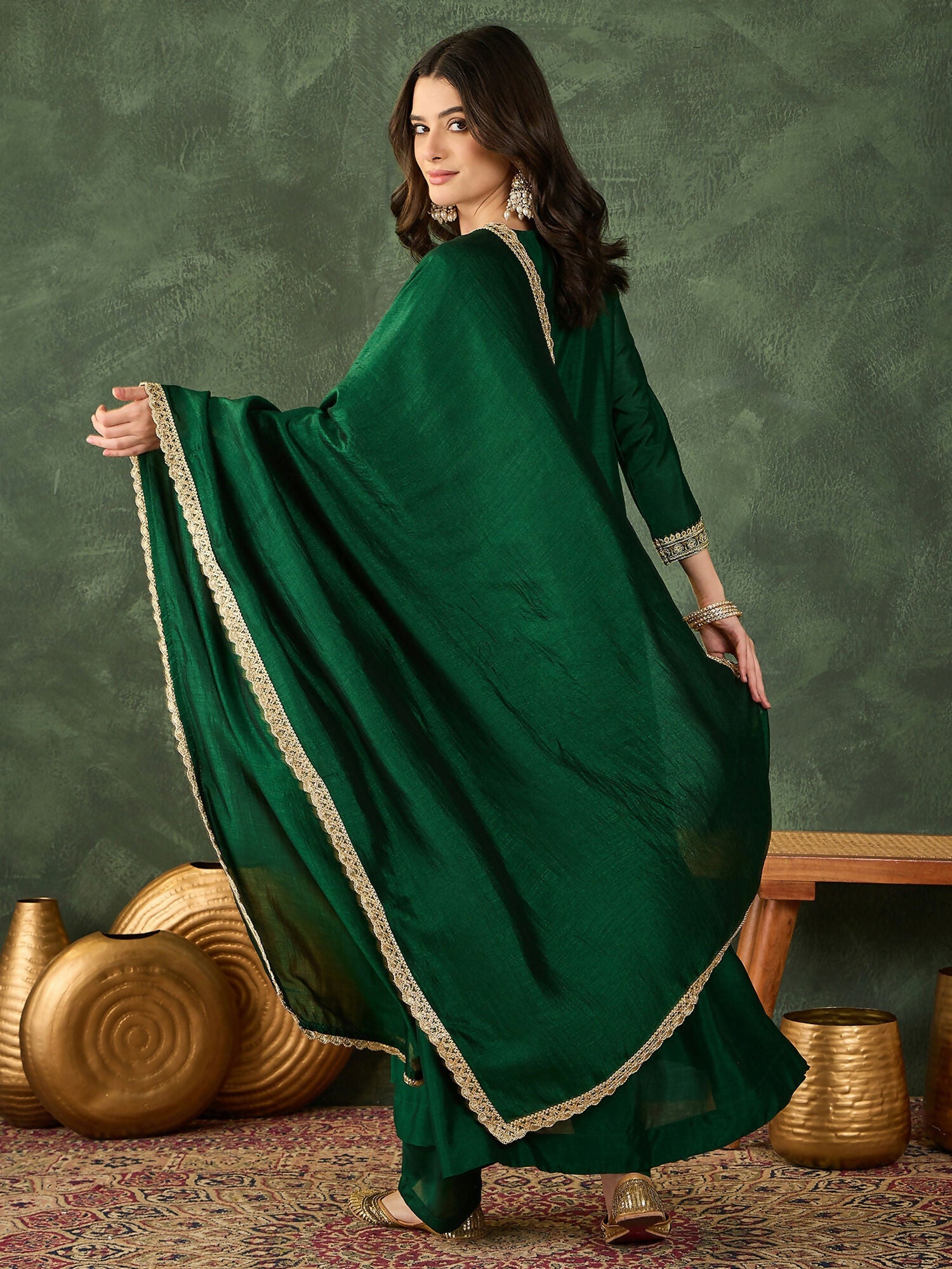 The52 Women's Beautiful Embroidery Work Vichitra Silk Fabric Flared Kurta Pant and Dupatta Set-Green | Grocsy