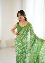 PR Fashion Green Bright Moss Satin Patta Printed Saree | Grocsy
