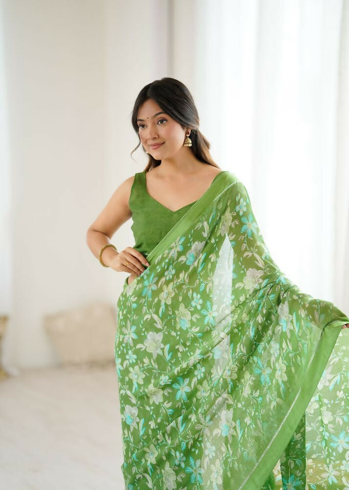 PR Fashion Green Bright Moss Satin Patta Printed Saree | Grocsy