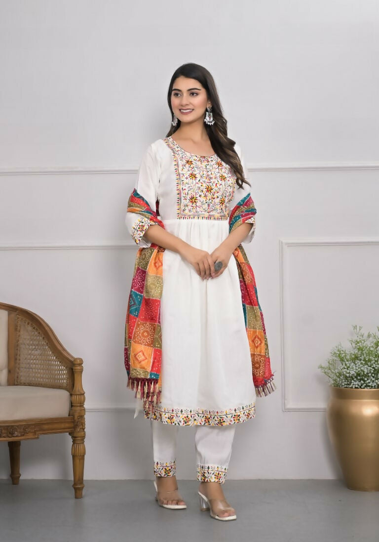 White Viscose Silk Embroidery with Thread and sequence Stitched Suit With Dupatta - Tanisha | Grocsy