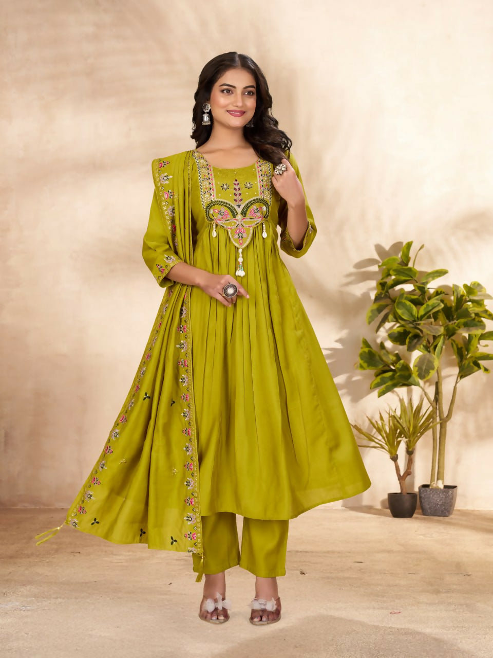 Lehenga Mart Designer Anarkali Suit With Kurta, Pant, Dupatta For Women-Lime Green | Grocsy