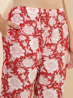 Janasya Women's Red Cotton Cambric Floral Printed Casual Straight Top Set | Grocsy
