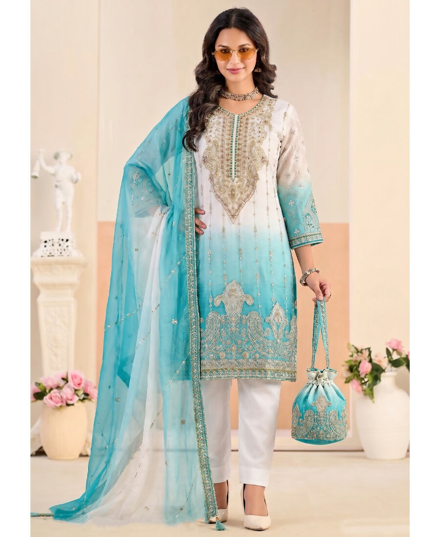 KC Designer Sky Blue Ombre Straight Suit For Women With Hand Embroidery | Grocsy