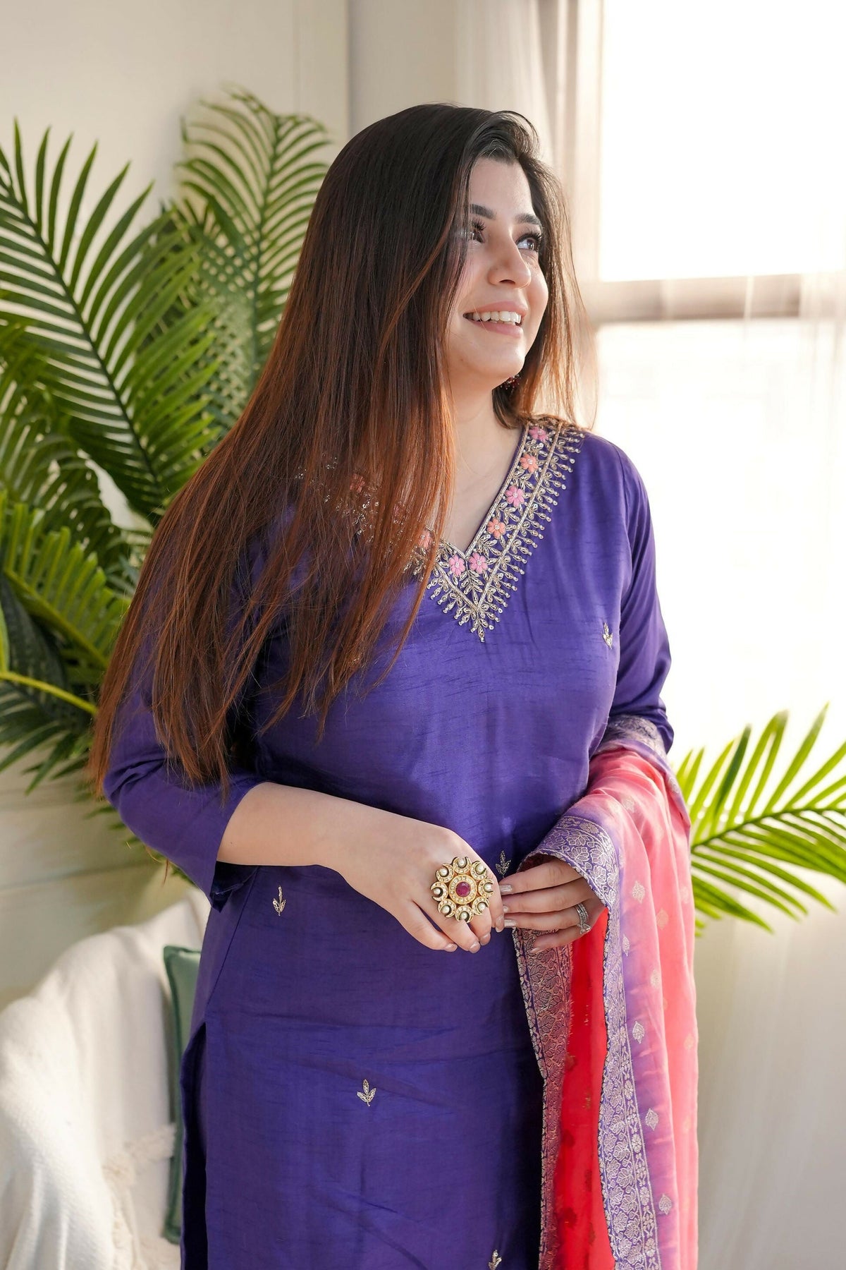 The52 Purple Women's Gorgeous Embroidered Vichitra Fabric Straight Kurta Pant with Dupatta Set | Grocsy