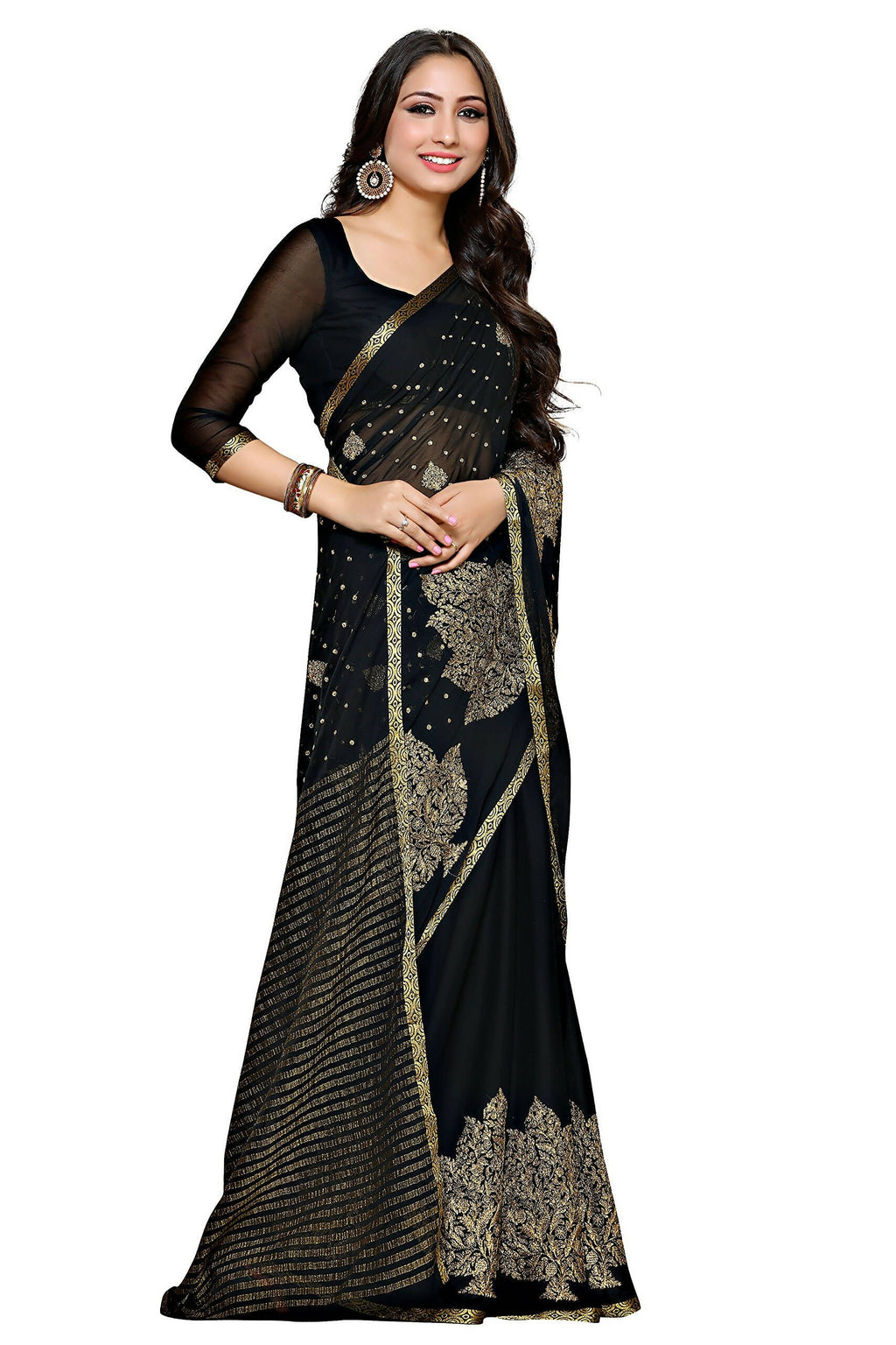 Mimosa Women's Banarasi Chiffon Black Saree | Grocsy