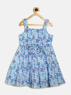 Manet Girls Cotton Layer Frock Leaf Printed - Blue | Grocsy