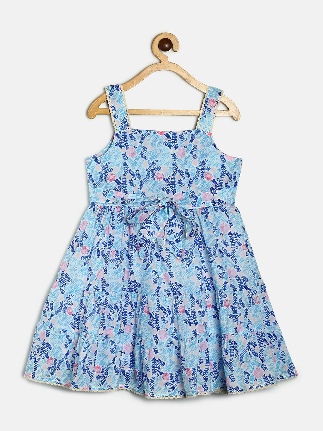 Manet Girls Cotton Layer Frock Leaf Printed - Blue | Grocsy