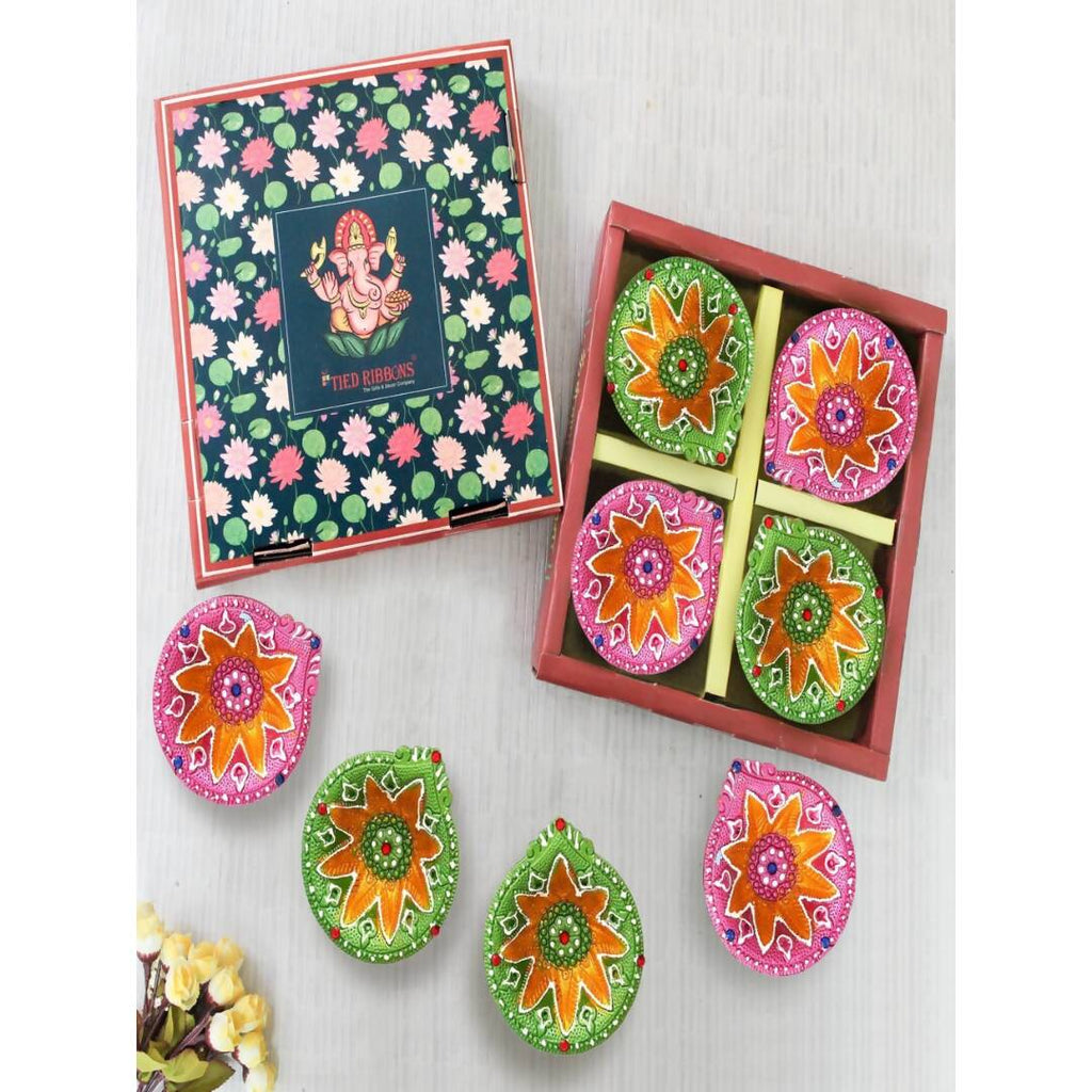 Tied Ribbons Green & Pink Set of 8 Terracotta Clay Diwali Diyas | Grocsy