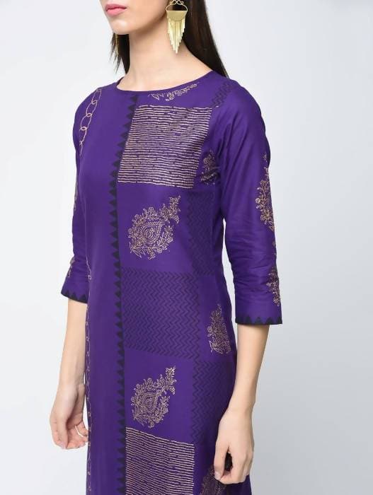 Aniyah Cotton Foil Printed Purple Straight Kurta (AN-134K) | Grocsy