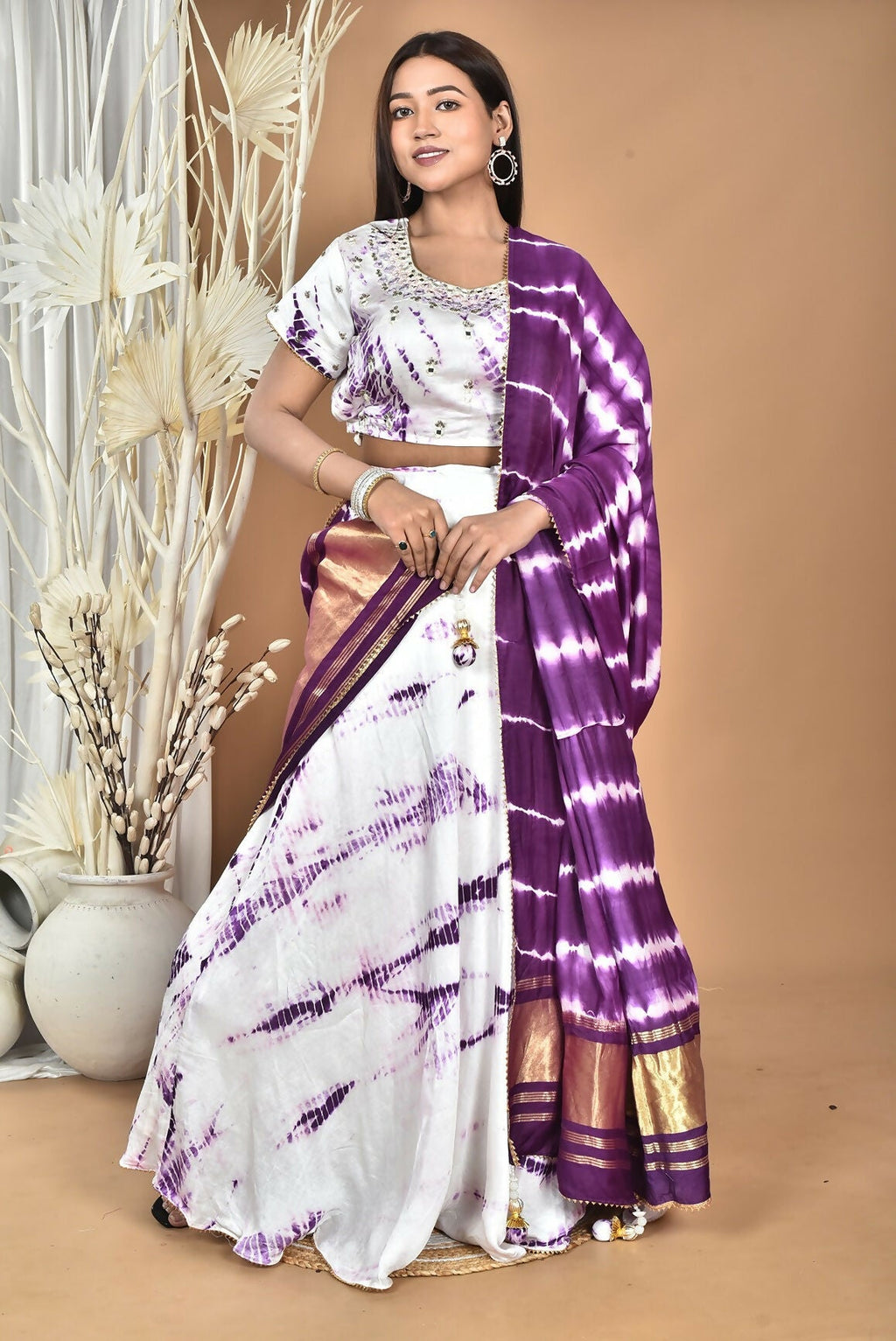 Morchari Women Tai Dai And Hand Embroidery Lehenga-Purple | Grocsy