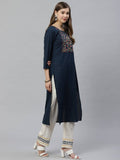 Yufta Women Navy Blue & Off-White Dobby Weaved Kurta with Trouser & Dupatta | Grocsy